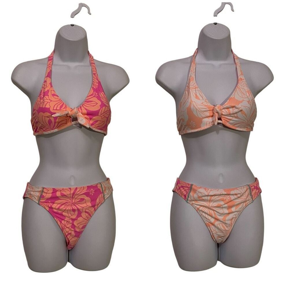 Hobie Small Two Piece Bikini Set Reversible Halter Neck High Waisted Pink Floral
